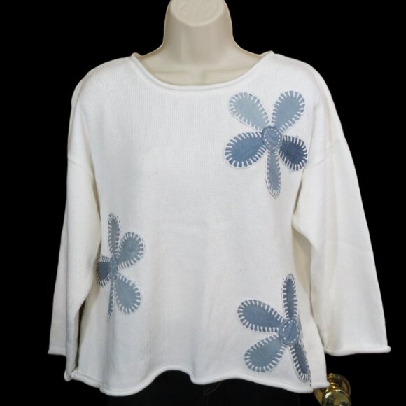 Shannon Passero White & Blue Denim Pullover Sweater 100% Cotton Flowers Medium - Picture 1 of 11